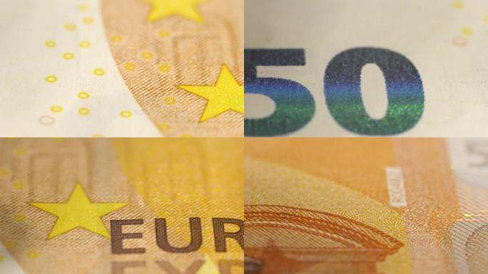 造假者或投资者在紫外线下检查纸币。显微镜下钞票的极端特写视图。放大镜下的欧元钞票。