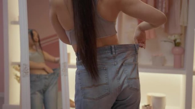 穿着超大牛仔裤的亚洲女人看着镜子。快乐苗条的女人在衣柜里测量她的腰。