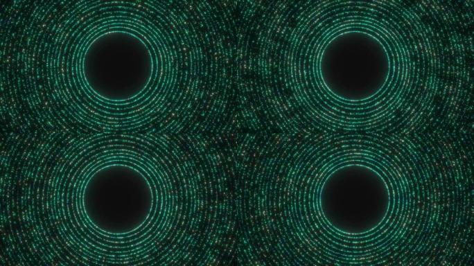 粒子圈背景。抽象数字同心环和数据线，神奇闪亮的粒子圆，未来派的圆波。动画粒子隧道