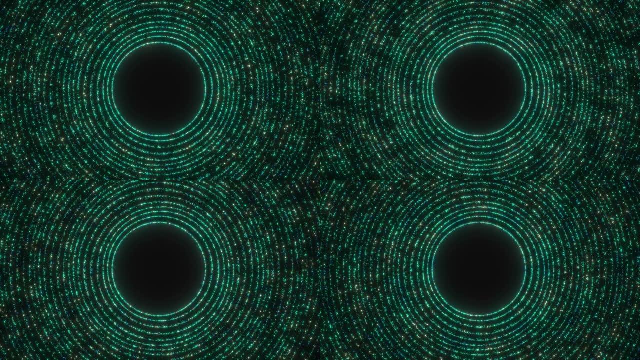 粒子圈背景。抽象数字同心环和数据线，神奇闪亮的粒子圆，未来派的圆波。动画粒子隧道