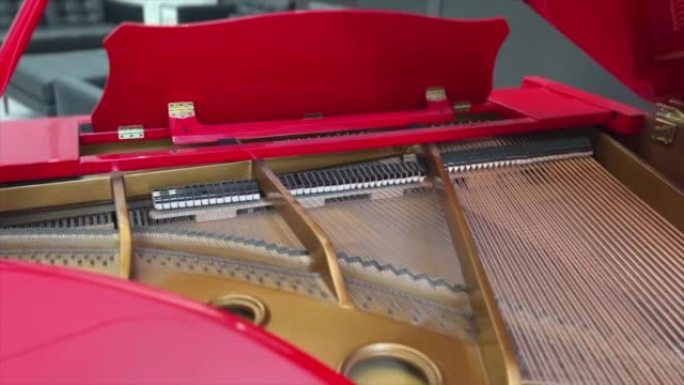 在一架红色的大钢琴里面，琴键正在演奏