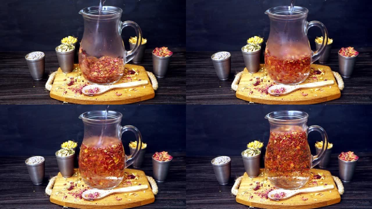 Pouring dry rose petals with boiling water