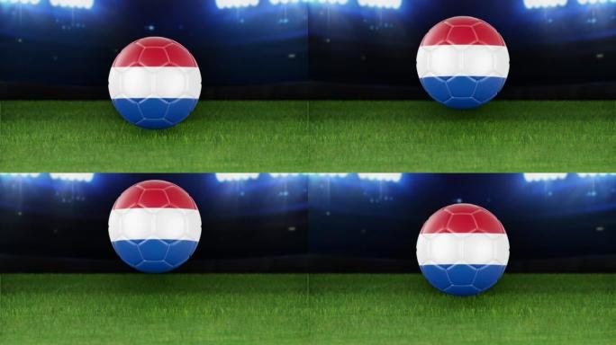荷兰国旗足球，带灯跳入体育场。足球场和球，4k分辨率，循环-股票视频