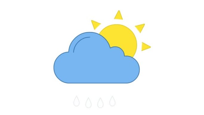 太阳，云和雨滴黄蓝线艺术矢量动画。阳光，阴雨天气预报，气象简单轮廓图标视频。风暴和降水阴云运动图形