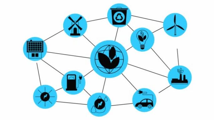 白色圆圈中的动画平面生态图标。用于可再生能源、绿色技术、生态护理的扁平蓝色符号。白色背景上的矢量插图