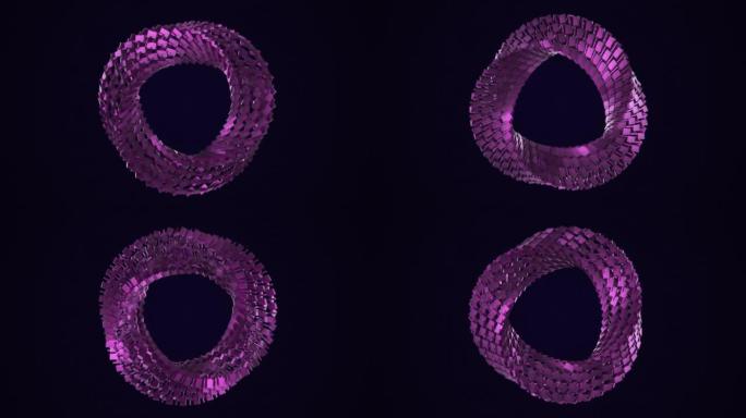 矩形粒子的旋转由黑色背景上的反射循环，抽象扭曲的形状。深蓝色背景上的粉红色颗粒。商业演示。