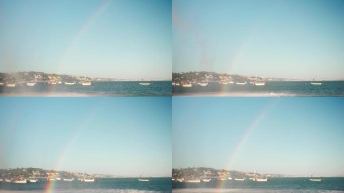 葡萄牙Velha海滩上美丽的天然彩虹喷水喷泉。