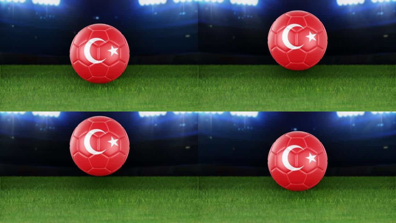 土耳其国旗足球，带灯跳入体育场。足球场和球，4k分辨率，循环-股票视频
