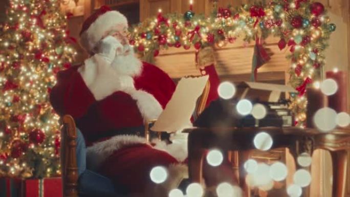 圣诞老人在椅子上阅读孩子的信