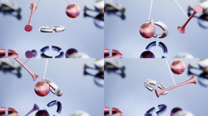 铜球和棍子的无限循环动画悬挂在螺纹上，并通过反射面上的旋转环摆动。3d动画循环