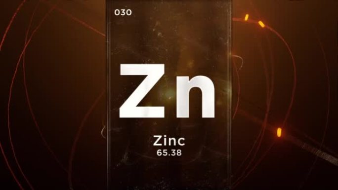 元素周期表的锌 (Zn) 符号化学元素，原子设计背景的3D动画
