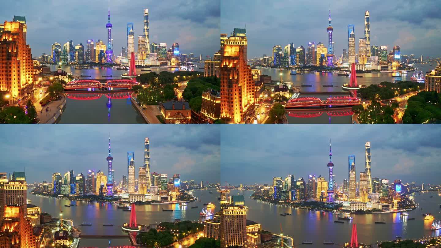 中国上海外滩航拍城市夜景灯光建筑