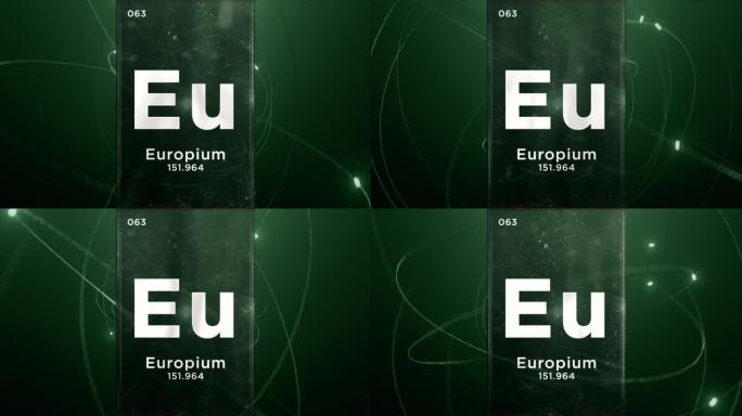 元素周期表的铕 (Eu) 符号化学元素，原子设计背景上的3D动画