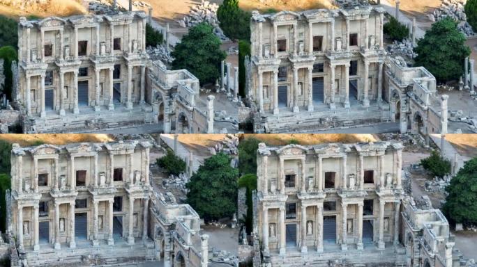 鸟瞰以弗所古城，罗马古城，土耳其最受欢迎的旅游胜地，从以弗所古城鸟瞰塞尔修斯图书馆，以弗所古城古遗址