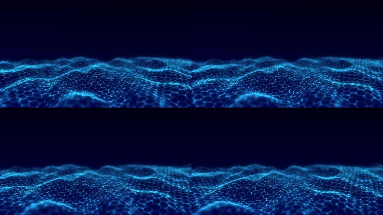 未来派六边形波。黑暗的网络空间。带点和线的抽象波。蓝色背景上的白色移动粒子。3d渲染。