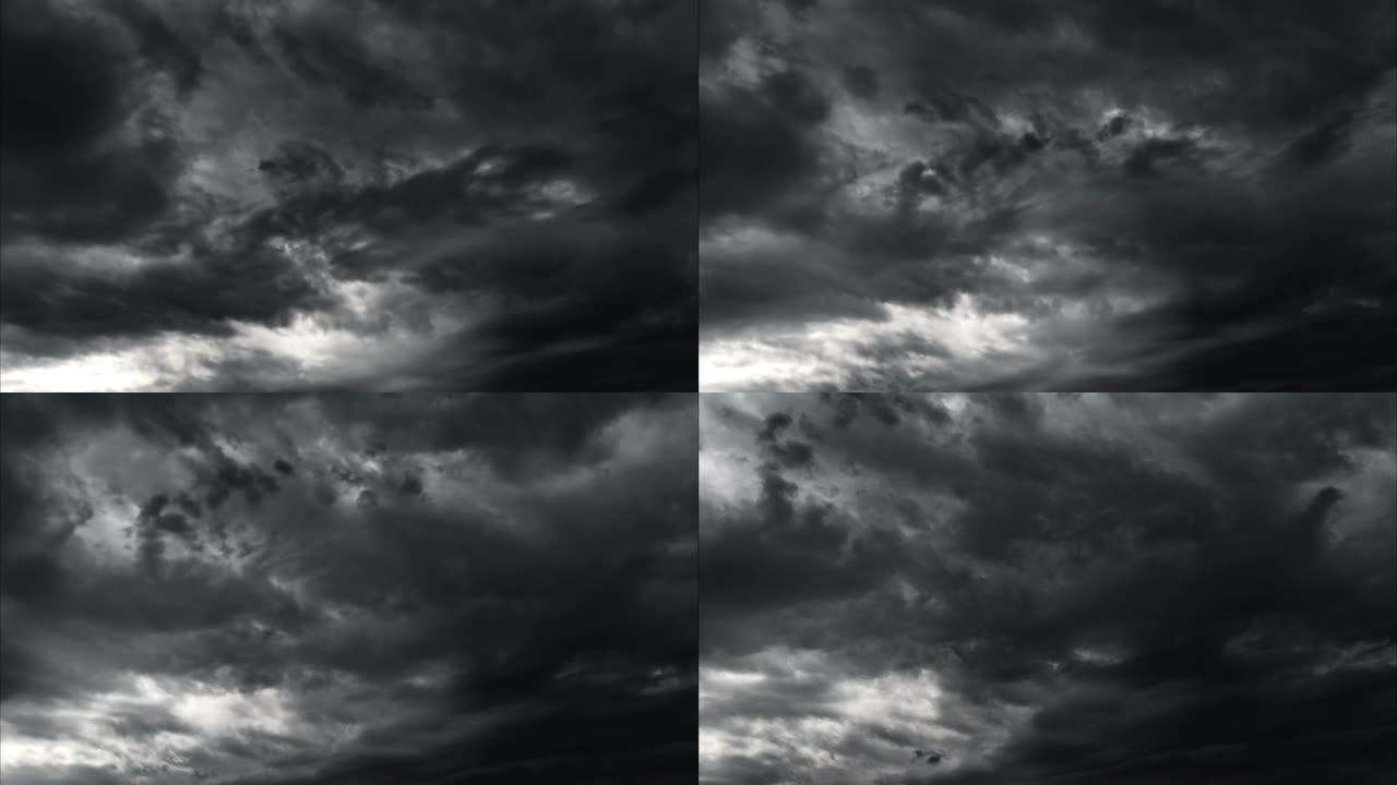 黑暗的戏剧性天空的延时，在雨或雪之前，黑色的暴风雨云作为抽象的背景，风和极端天气