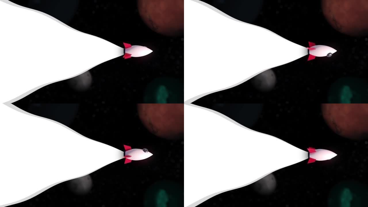 无缝循环3D渲染太空旅行者火箭喷气飞行在星场星系空间3D插图背景。行星，星系，恒星，宇宙，海洋，地球