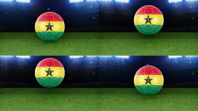 加纳国旗足球，带灯跳入体育场。足球场和球，4k分辨率，循环-股票视频