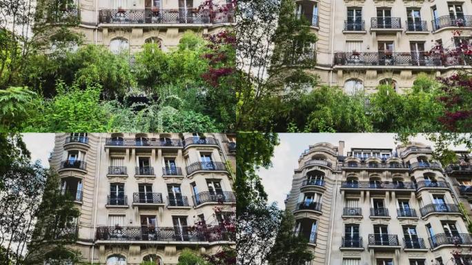 用美丽的建筑设计建造巴黎周围的绿色植物。法国巴黎的传统风格房屋视图。就像你在童话里。前视图。摄像机向