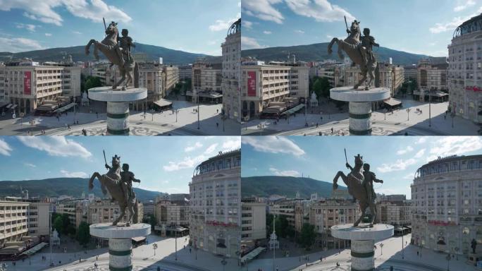 斯科普里马其顿广场的景色，亚历山大大帝纪念碑，空中射击