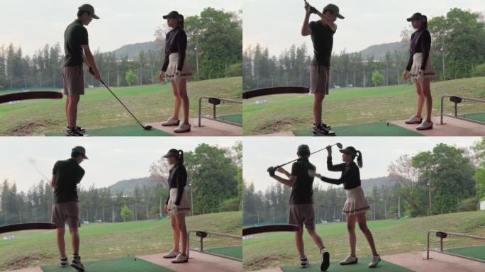 活跃的女高尔夫球手教男孩如何在高尔夫球场上打高尔夫球