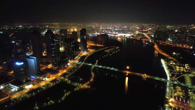 天津滨海新区于家堡海河夜景航拍4K