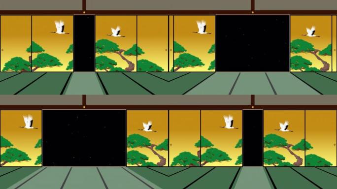 一段视频，展示了用松树和起重机打开和关闭fusuma的过程。日本房间