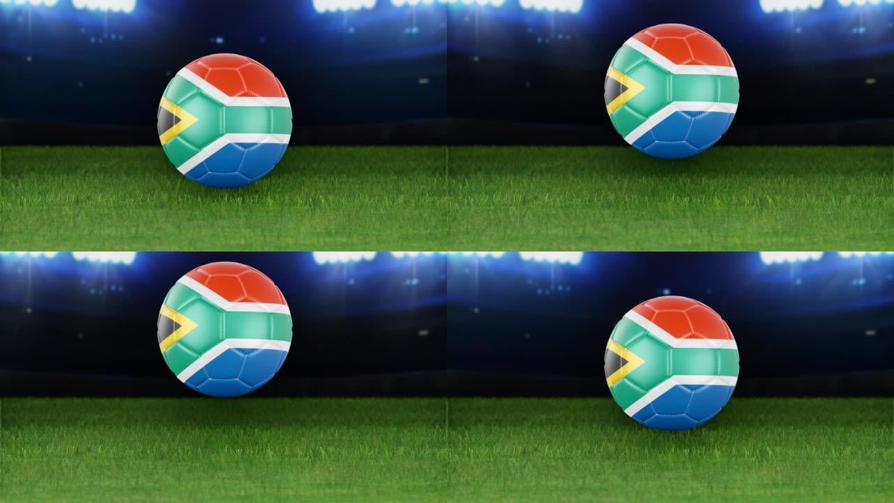 南非国旗足球，带灯跳入体育场。足球场和球，4k分辨率，循环-股票视频