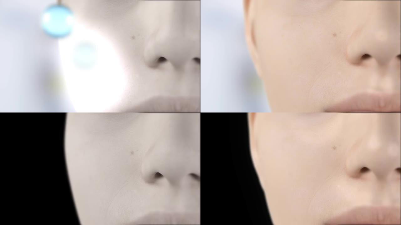 3D动画脸部特写修复效果皮肤污垢去除。深层清洁皮肤。皮肤毛孔。痤疮清洁。皮肤毛孔清洁透明背景