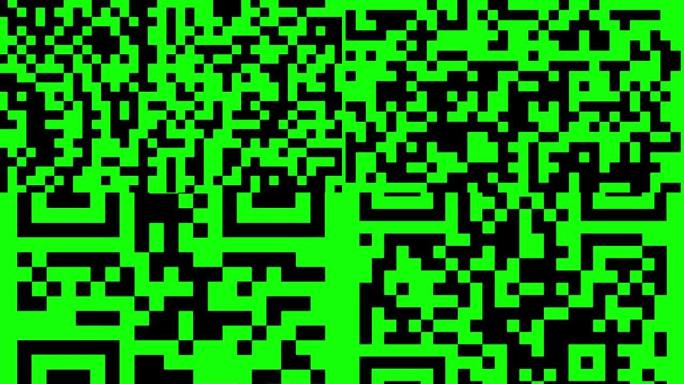 绿色背景上的QR码序列。绿屏。QR码编码的乘法表示例，数学。