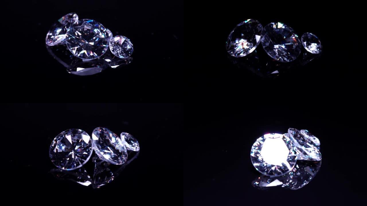 大小豪华钻石套装，选择性聚焦。工业和时尚应用的贵重和昂贵的宝石。黑色桌子上散落着明亮的钻石。显示和检