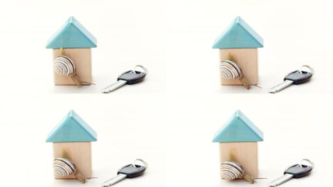 蜗牛从木制立方体和戒指上的公寓钥匙在房子上滑动