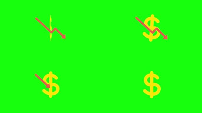 绿色背景上的卡通美元和箭头向下的4k视频。