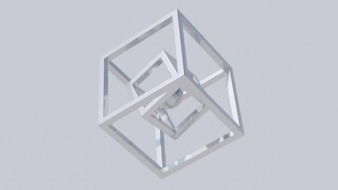 金属立方体和旋转的球体。抽象动画，3d渲染。