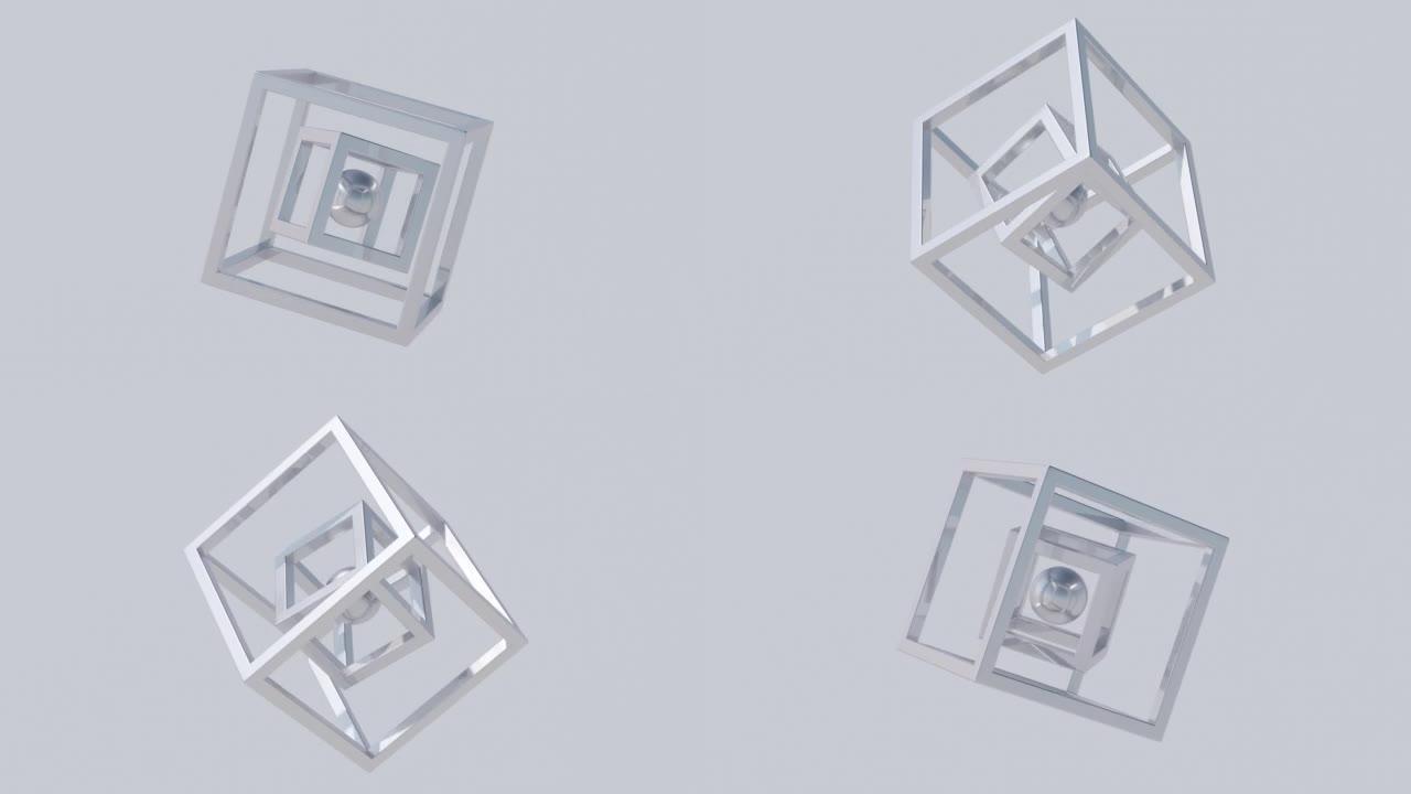 金属立方体和旋转的球体。抽象动画，3d渲染。