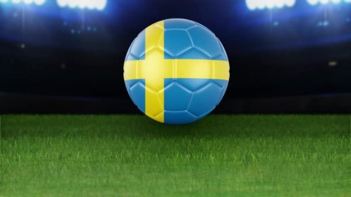 瑞典国旗足球，带灯跳入体育场。足球场和球，4k分辨率，循环-股票视频
