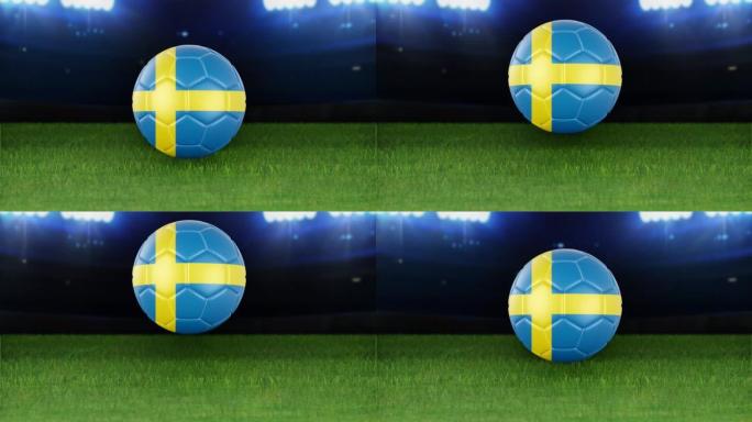 瑞典国旗足球，带灯跳入体育场。足球场和球，4k分辨率，循环-股票视频