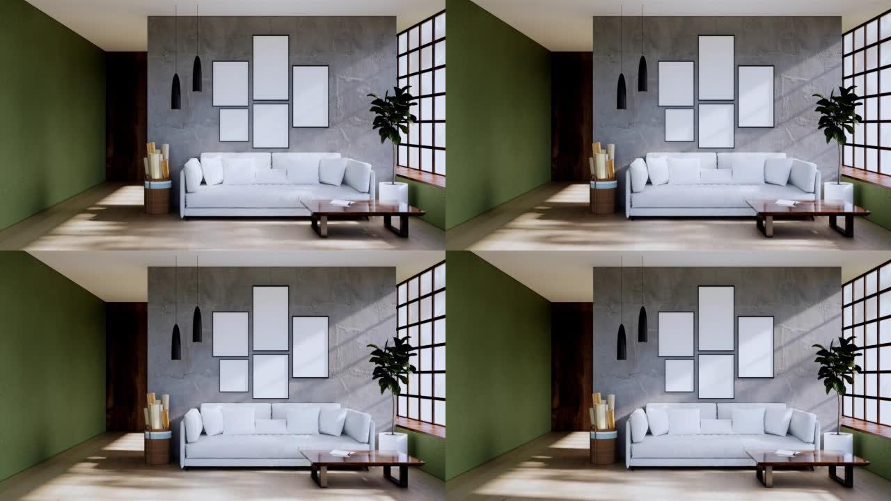 现代日本客厅内部，房间白色墙壁背景。3d渲染