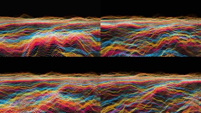 未来抽象红黄绿元素球波形振荡，可视化波技术带粒子恒星的数字表面