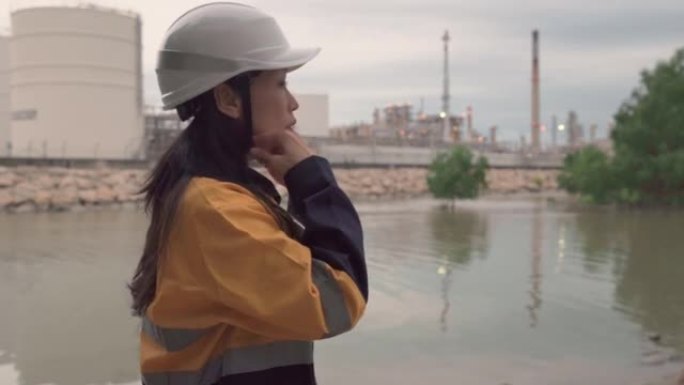 女性环保主义者检查油箱炼油厂附近的污水。水与生态概念。