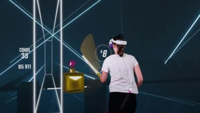 Woman in Virtual Reality Headset Plays an Action V