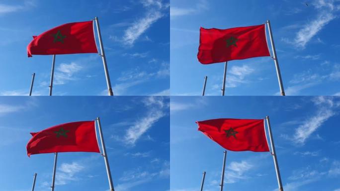 摩洛哥国旗在蓝天下挥舞