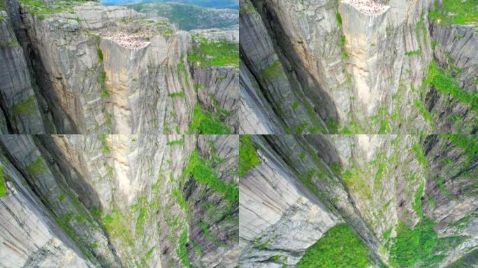 Preikestolen讲坛岩石惊人可怕的空中俯视镜头海湾峡湾Lysefjord空中HDR