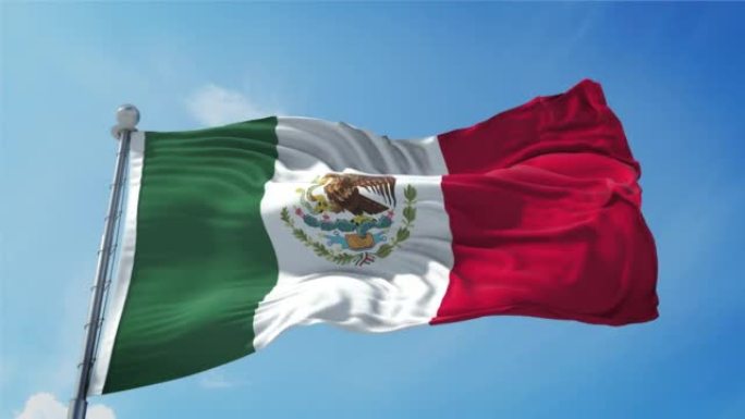墨西哥国旗循环。现实的4 k。30帧/秒的墨西哥国旗。墨西哥国旗在风中飘扬。无缝环与高度详细的织物纹