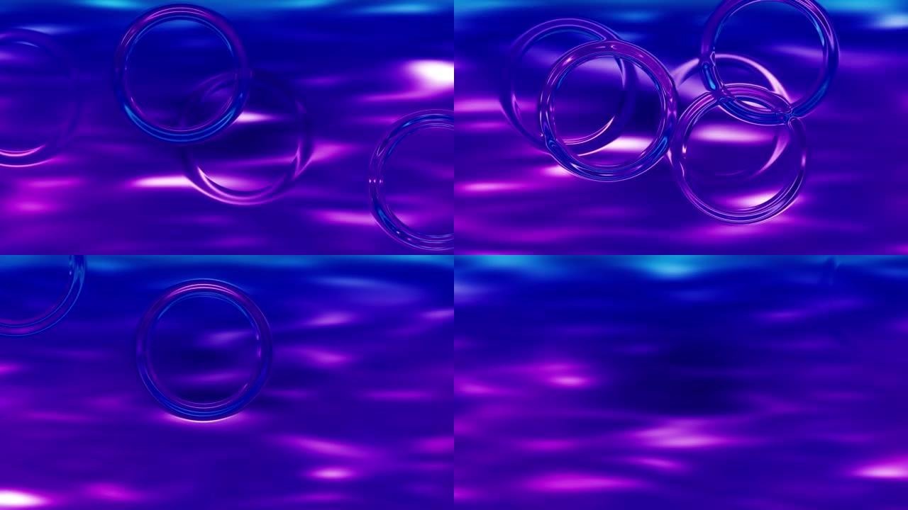 水滴在表面上盘旋。3D抽象旋流波折射光装饰。蓝紫色液体汞模糊背景4k视频循环剪辑。