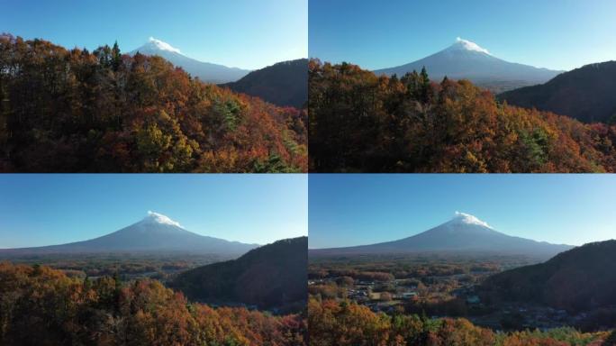 富士山无人机和川口湖大桥的鸟瞰图4k视频