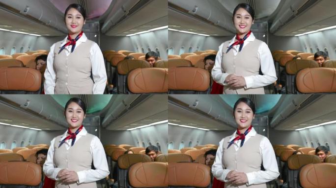 亚洲美丽迷人的空姐安全穿着制服站在飞机上交叉双手