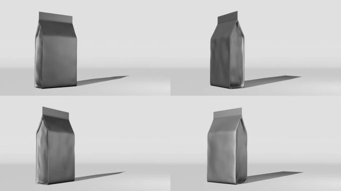 银色站立盒底部小袋咖啡品牌3D动画。商品包装设计。空白箔咖啡豆茶食品零食香囊产品模板商店送货销售折扣