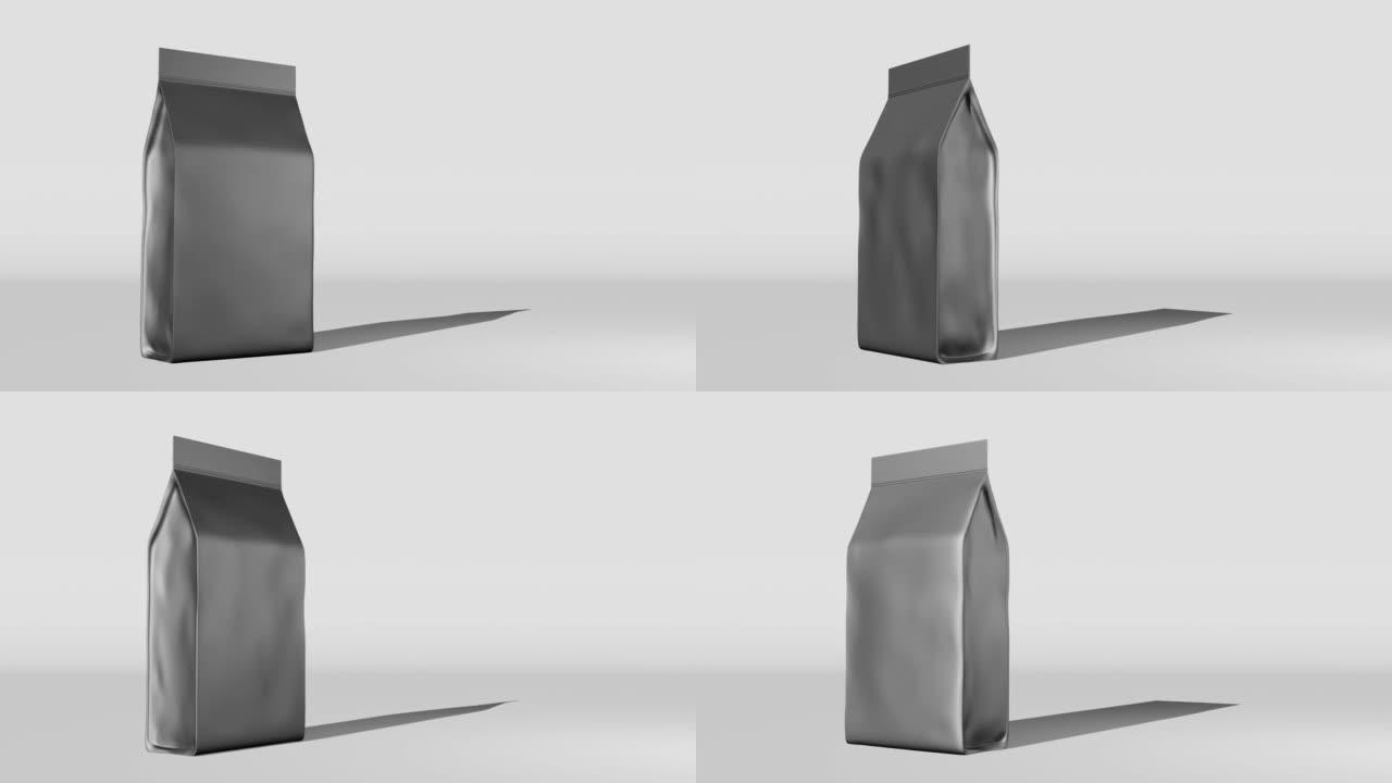 银色站立盒底部小袋咖啡品牌3D动画。商品包装设计。空白箔咖啡豆茶食品零食香囊产品模板商店送货销售折扣