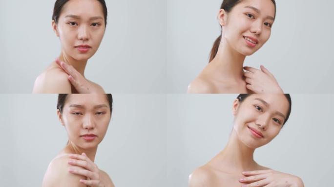 肖像年轻亚洲美女触摸健康身体皮肤超过灰色背景，亚洲美女皮肤概念